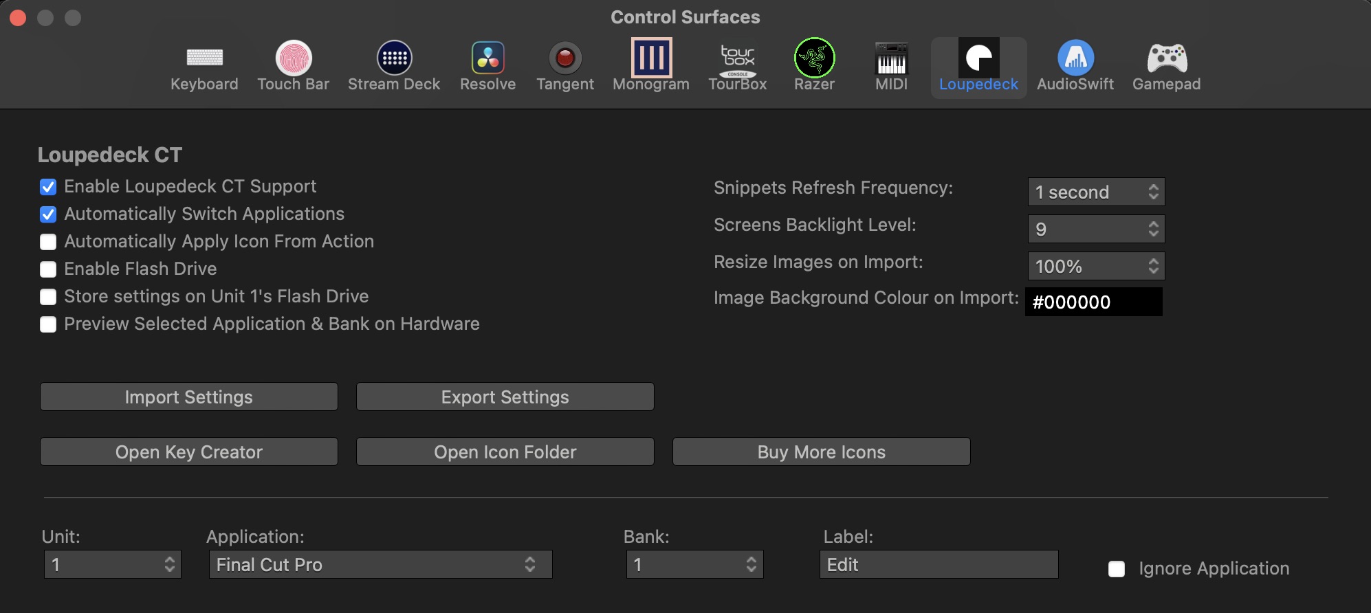commandpost loupedeck ct settings